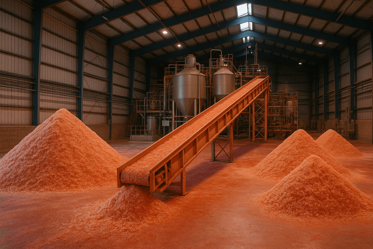 Interior warehouse with pink Himalayan salt piles and a central conveyor.