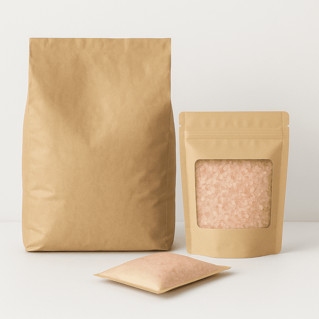 Bulk and foodservice formats: a kraft lay-flat bag, a window pouch, and a flat sachet.
